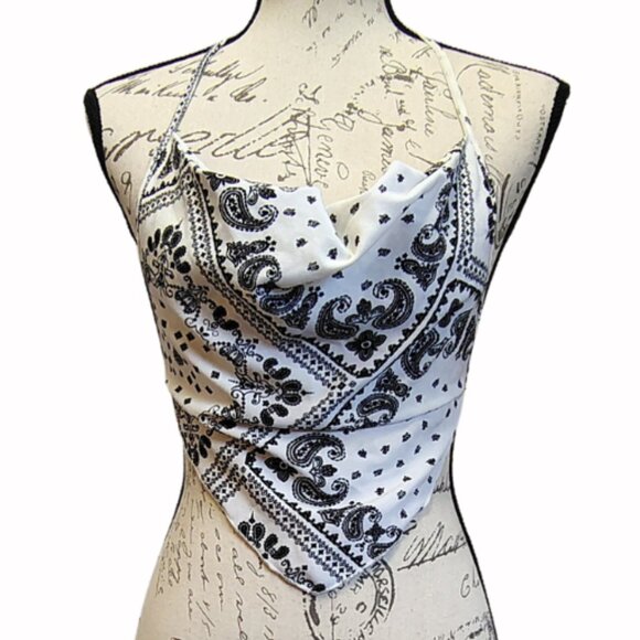 Tops - White and Black Paisley Backless Bandana Halter Top Size Small / Medium -  Y2K